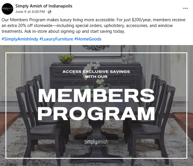 Simply Amish of Indianapolis Members Program Facebook Post