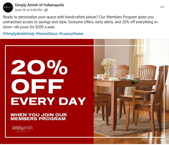 Simply Amish of Indianapolis Member Program Facebook Post