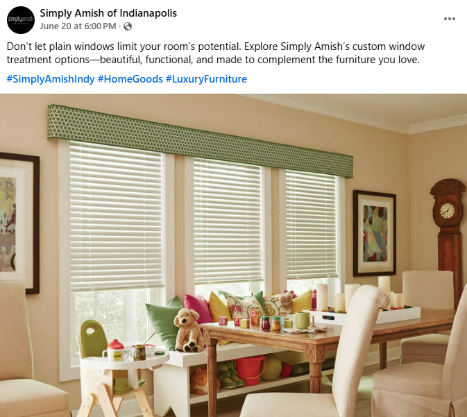 Simply Amish of Indianapolis Window Treatments Facebook Post